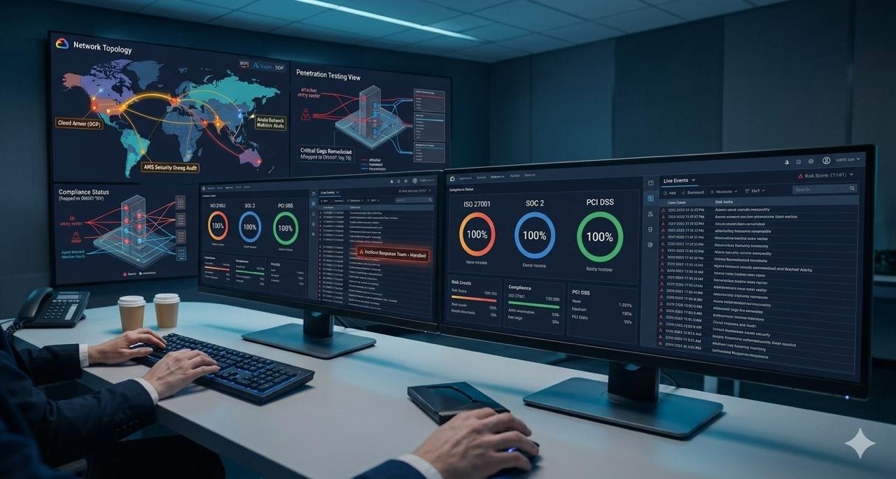 Security analyst reviewing network topology, penetration testing and ISO 27001, SOC 2 and PCI DSS compliance dashboards